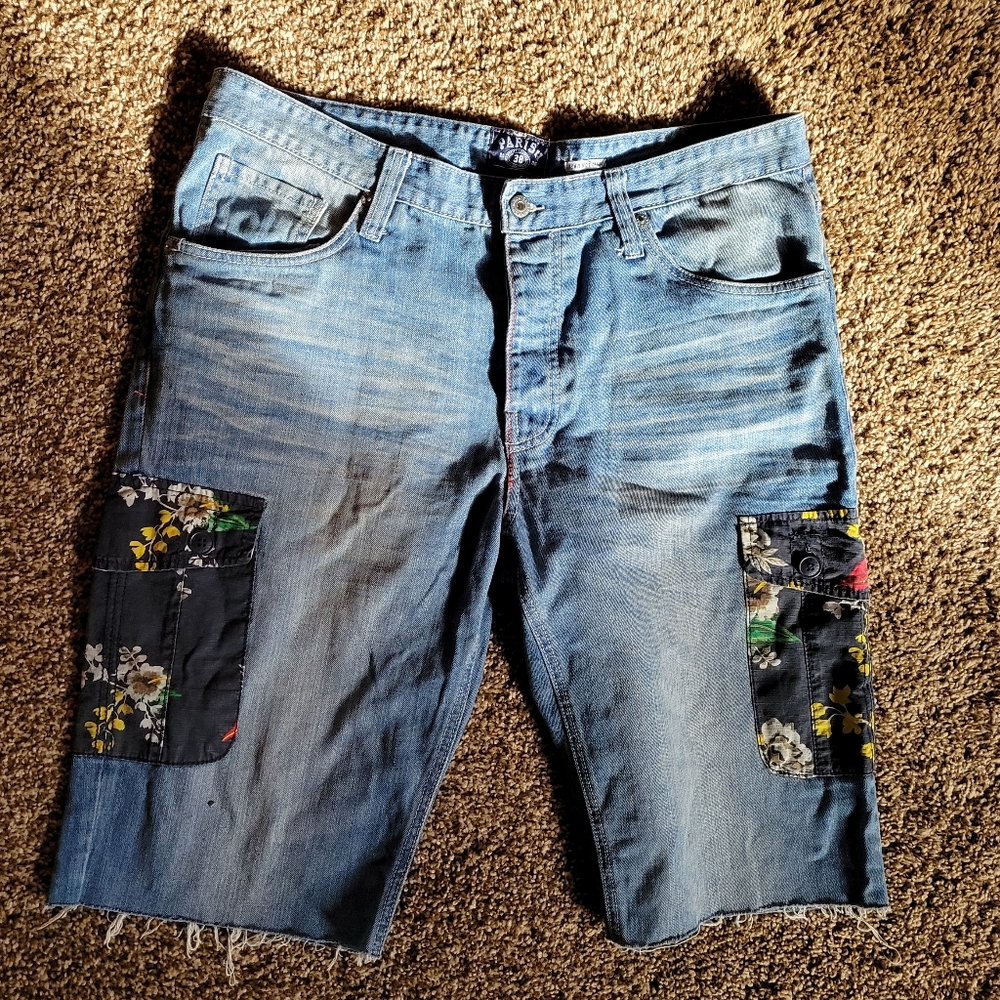 Parish Nation Distressed Denim Floral Pocket Jean Shorts